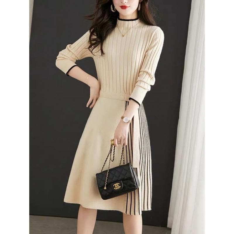 Women's Autumn and Winter Sweater Coat Knitted Dress Temperament Slim Mid-length Loose Pleated Bottoming Fashion Sweater Skirt L