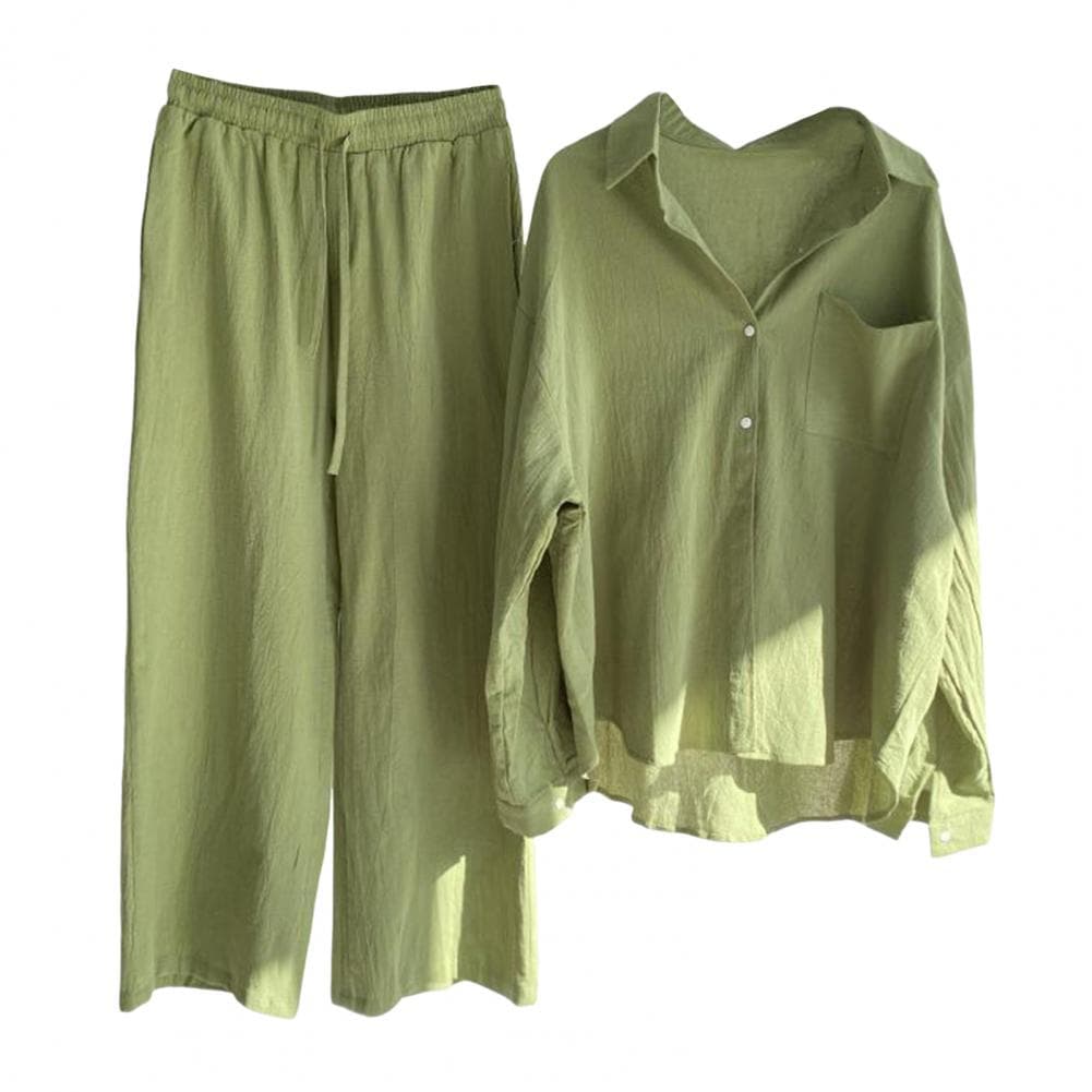 Women Solid Color Suit Elegant Women's Shirt Pants Set with Lapel Button-down Blouse Elastic Waist Trousers Office Wear for Fall M light green
