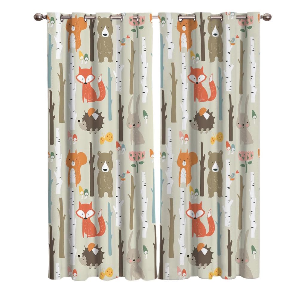Cartoon Forest Animal Tree Fox Bear Rabbit Child Window Curtains Curtains for Living Room Decorative Items Living Room 90W x 100H(cm) x2