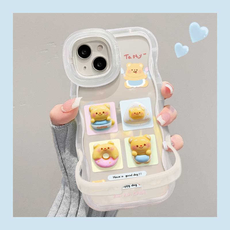 Applicable To Apple 15PM Mobile Phone Case IPhone 14 Four-grid Bear Doll 13 Wavy Side Invisible Double Stand XS iPhone XS Max
