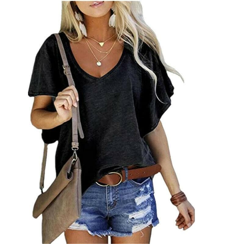 Women's Summer Fashion Casual Tops V Neck Short Sleeve Solid T Shirt Loose Tunic XL black