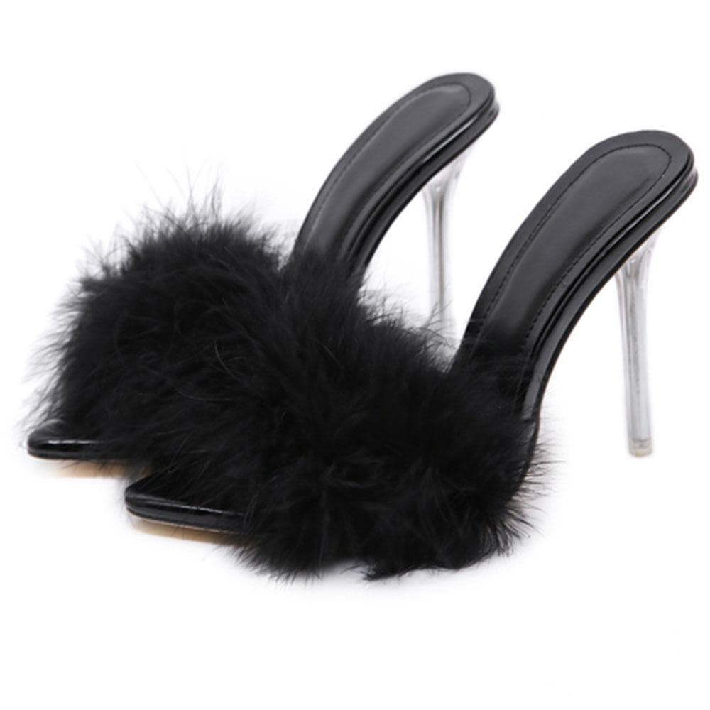 Summer Feather Pointed Toe High Heels Mules Sandals Metal Thin Heels Sexy Party Pole Dance Women's Shoes 41