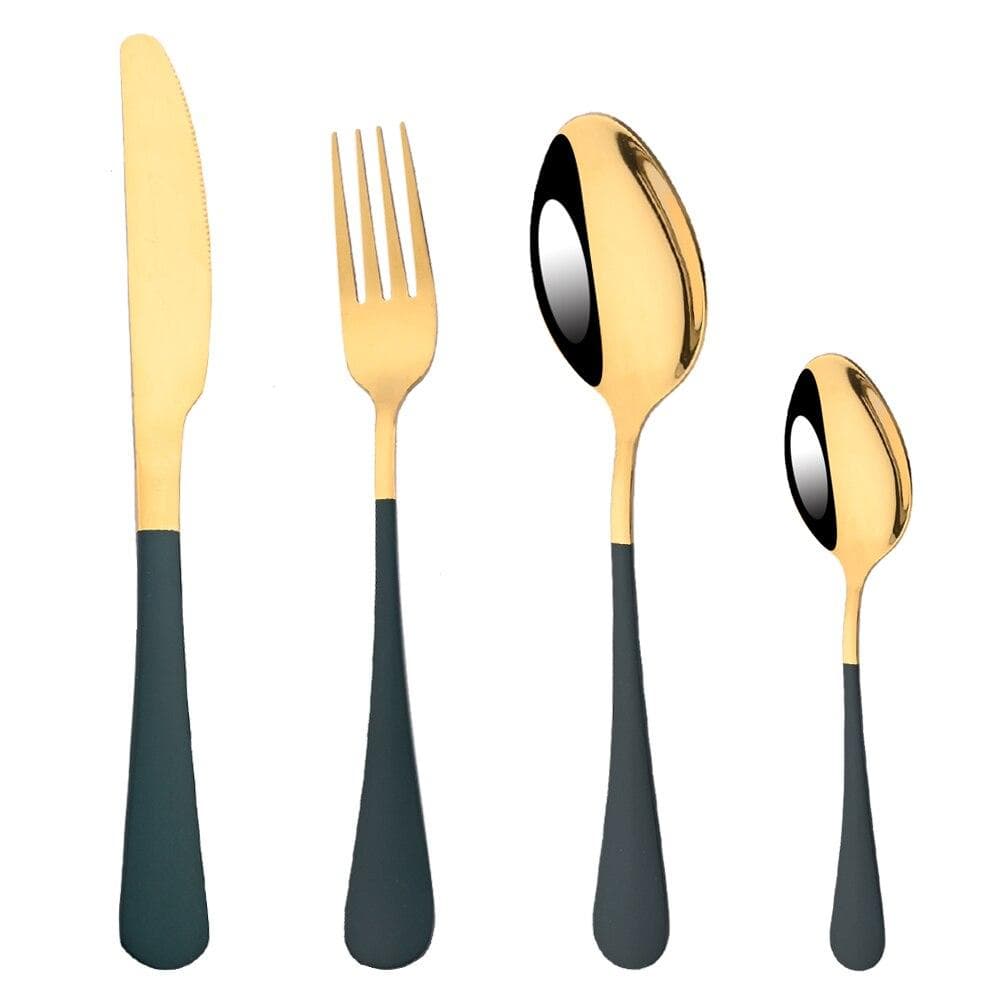 4Pcs White Gold Western Dinnerware Cutlery Set Dinner Flatware Knife Fork Spoon Stainless Steel Silverware Home Tableware Set green/gold