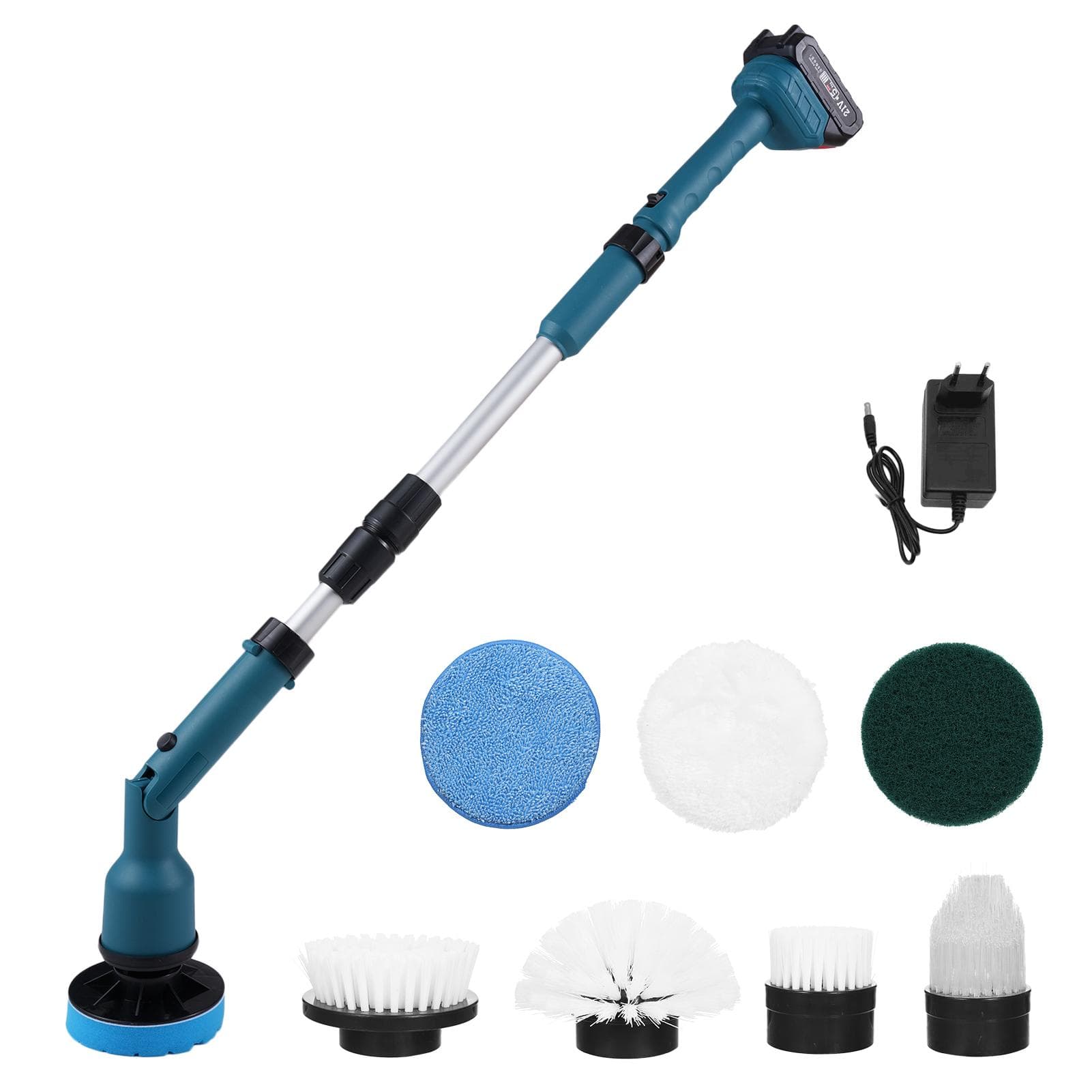 21V Electric Spin Scrubber, Multi-Function Lithium Retractable Cleaning Brush, Cordless Shower EU Plug & 1 Battery blue