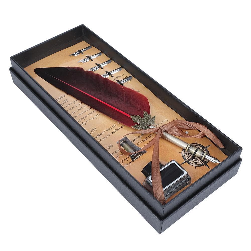 Vintage Feather Fountain Writing Pen Calligraphy Ink Quill Dip Pen with Gift Box(Red) red