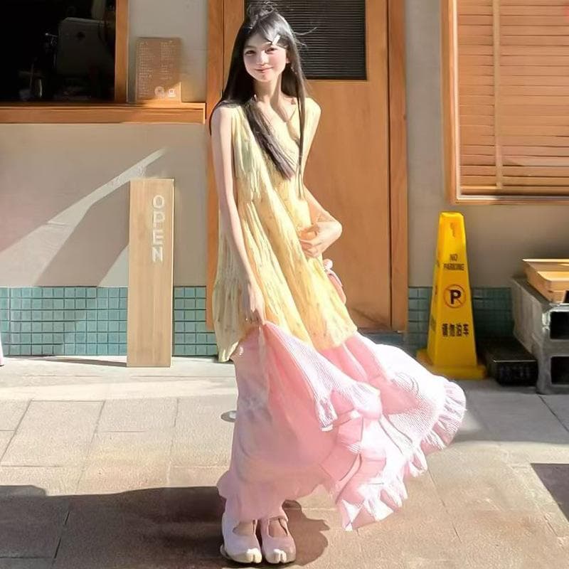 Pink Lace Skirt for Women In Summer New High-waisted Slim A-line Skirt Texture Sweet Cake Long Skirt XL pink