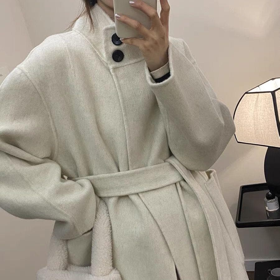 New Thickened Simple Woolen Coat, Long Hair Series, High Collar, Korean Style Double-sided Wool Coat, Versatile for Women M