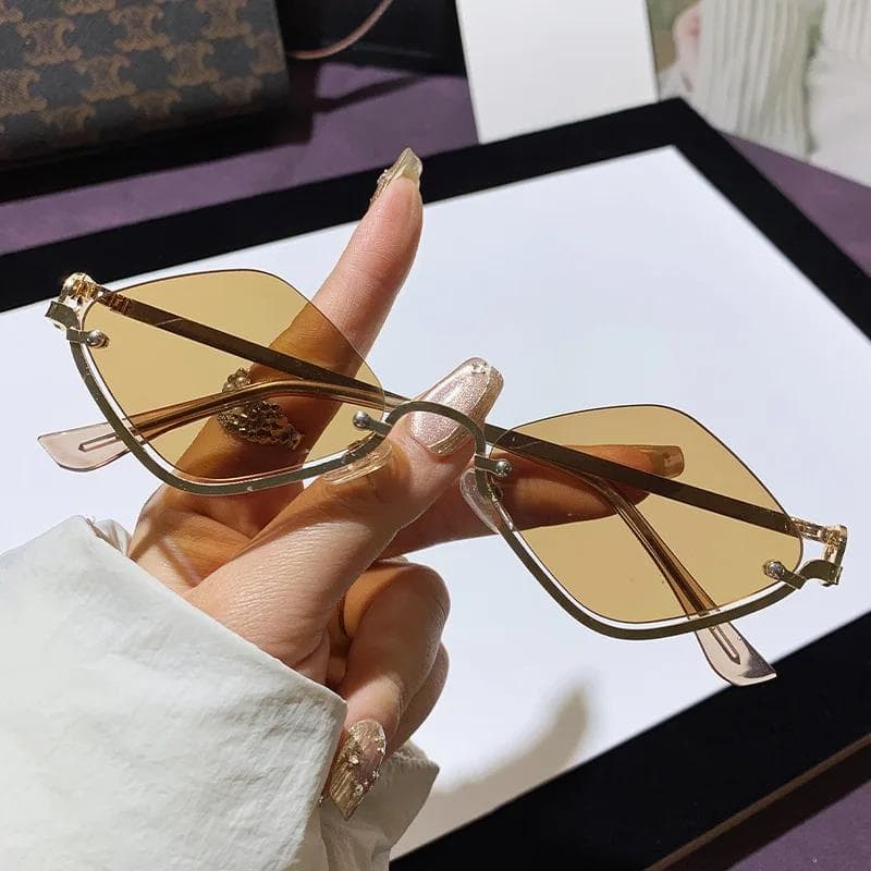 Metal Women Simple Trend Sunglasses Men New Half Frame Diamond Shaped Dopamine Small Frame Outdoor