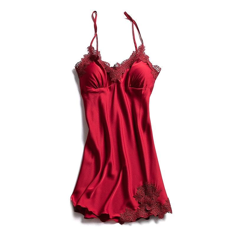 Ladies Sexy Silk Satin Night Dress Sleeveless Nighties V-neck Nightgown Nightdress Lace Sleepwear Nightwear L red