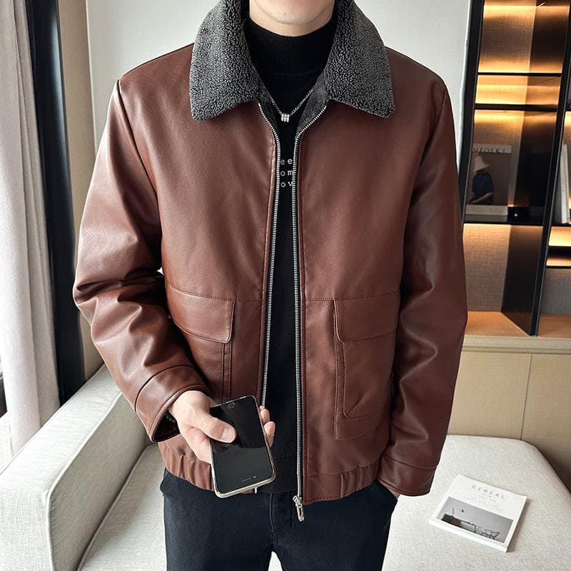New Men's Velvet Thickened PU Leather Jacket for Middle-aged and Elderly Dads Warm Lapel Jacket Men's Jacket 5XL
