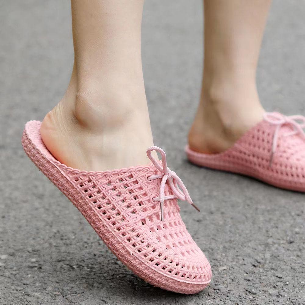 Summer Slippers Shoes Woman Closed Toe Breathable Flip Flops Women Hollow Out Lace Up Outdoor Slides Women Flat 38 pink