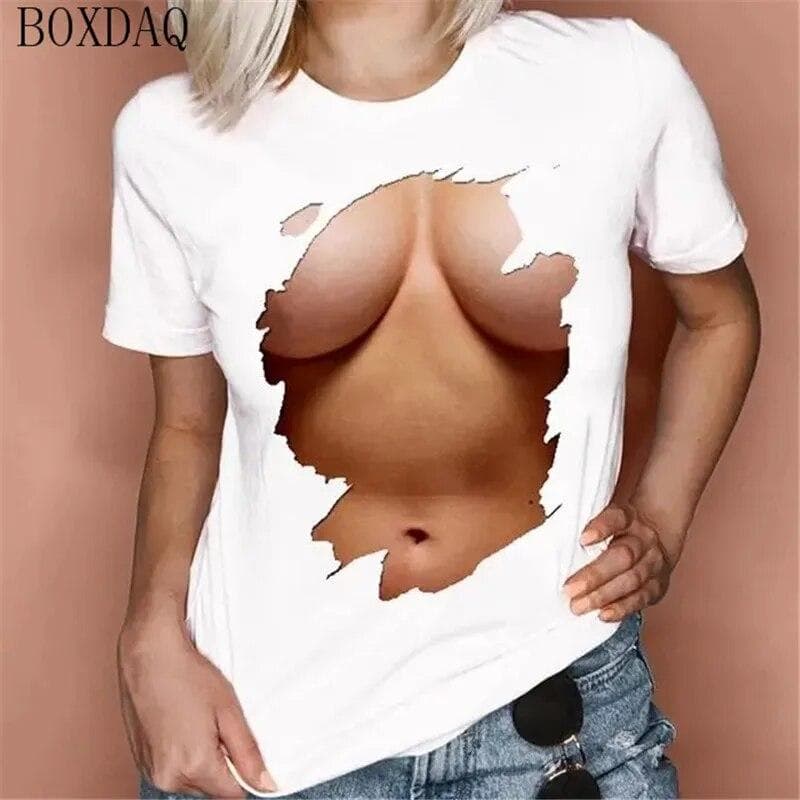 Women Summer Cool T-Shirts Sexy Perspective 3D boobs Print Short Sleeve Ladies T Shirt Summer O-Neck Breast Pattern Street Tops S