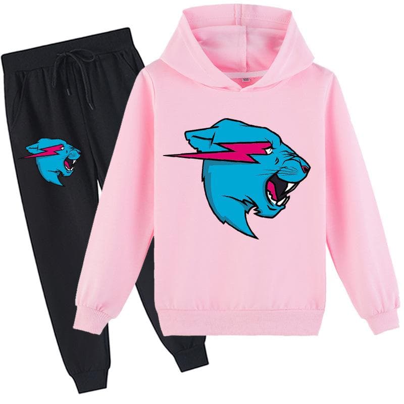 Fashion Mr Beast Lighting Cat Childrens Boys Sweater Cotton Hoodies and Pants Sets 140 pink