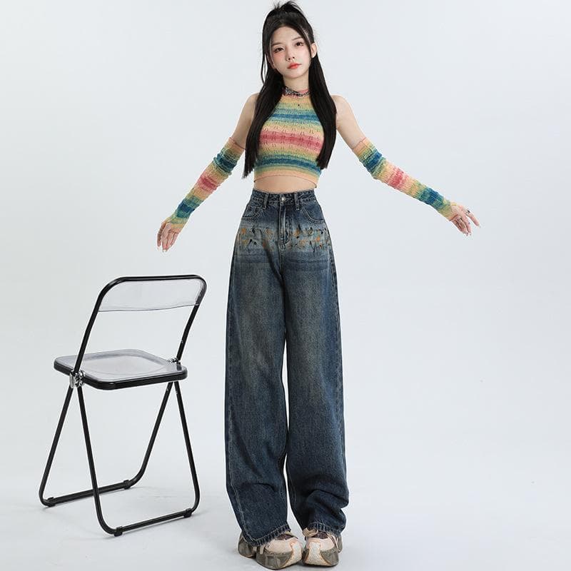 High Waist Wide-leg Pants for Women Autumn Style Hand-painted Craft Printed Straight-leg Pants Wide-leg Jeans for Women Autumn Style Jeans for Women 2XL