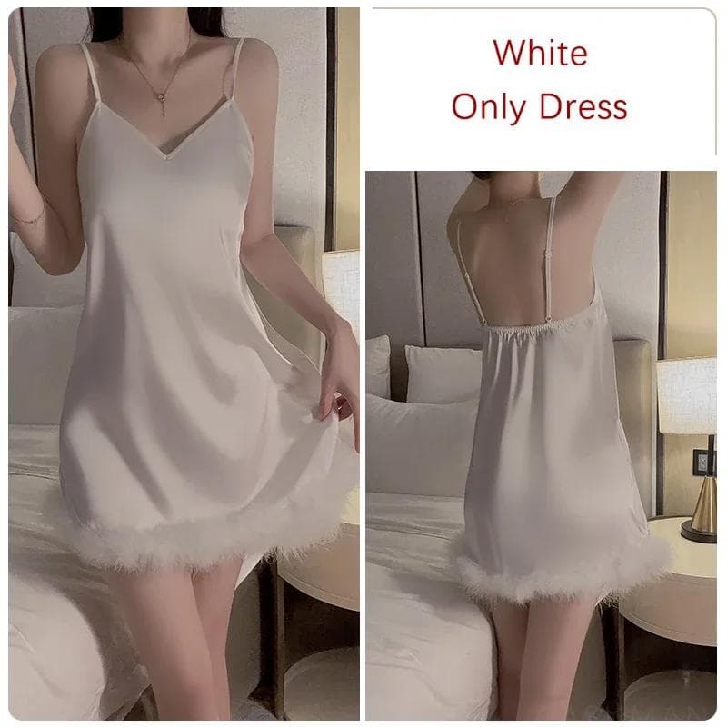 Summer Pajama Set Women's Feather Hem Cuffs Bra Short Skirt Sexy Women's Dress XL