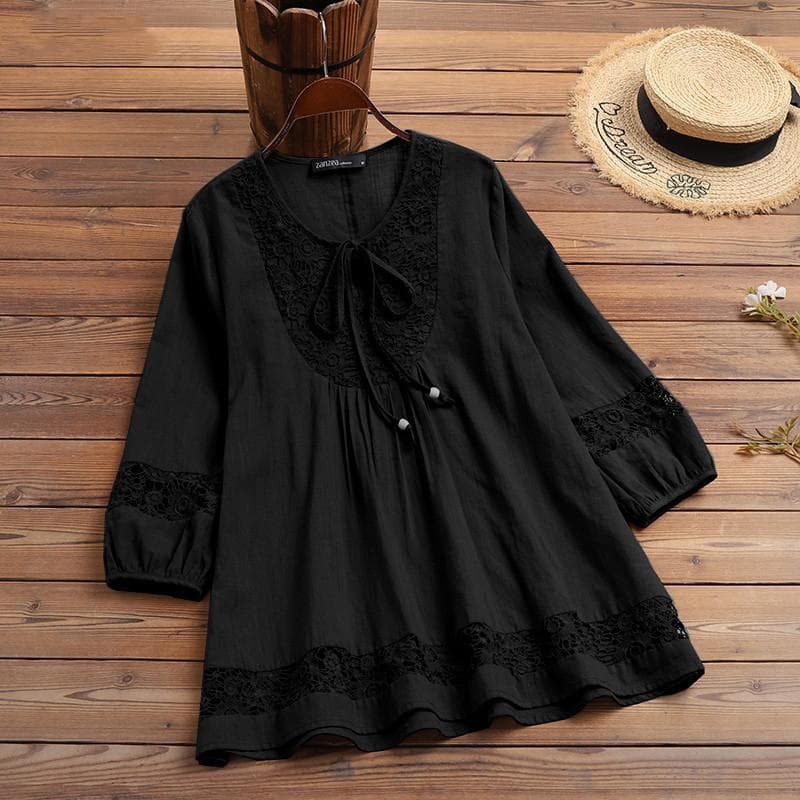Cotton and Linen Splicing Lace Loose Top T-shirt L black