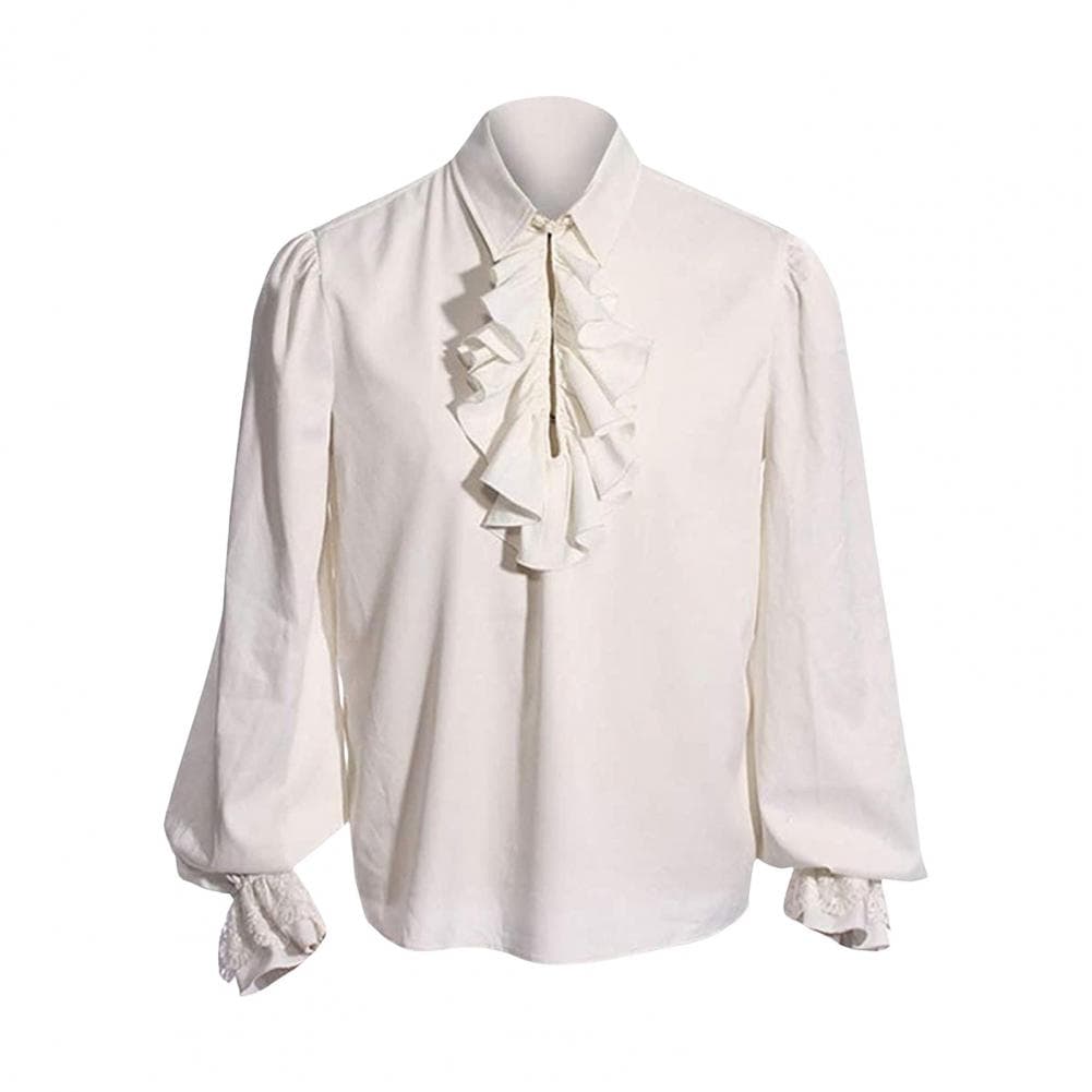 Renaissance Ruffle Design Top Renaissance Vintage Royal Style Men's Performance Shirt for Halloween Cosplay Costume with Ruffle M white