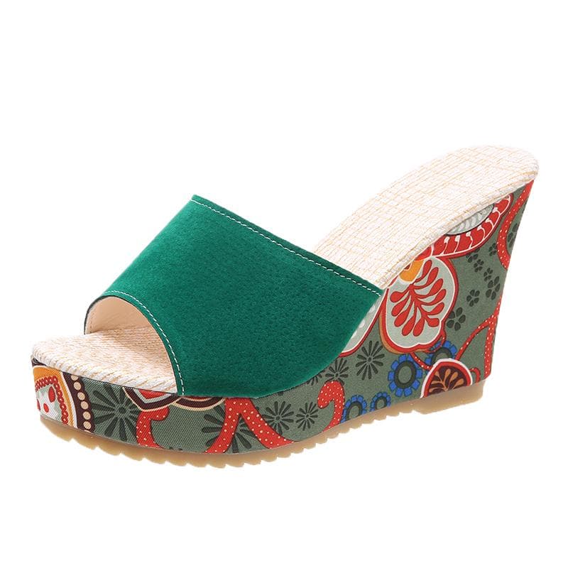 New Summer Women Sandals Open Toe Shoes Ladies High Heel Thick Bottom Casual Wedge Shoes Retro Ethnic Style Print Slippers 41