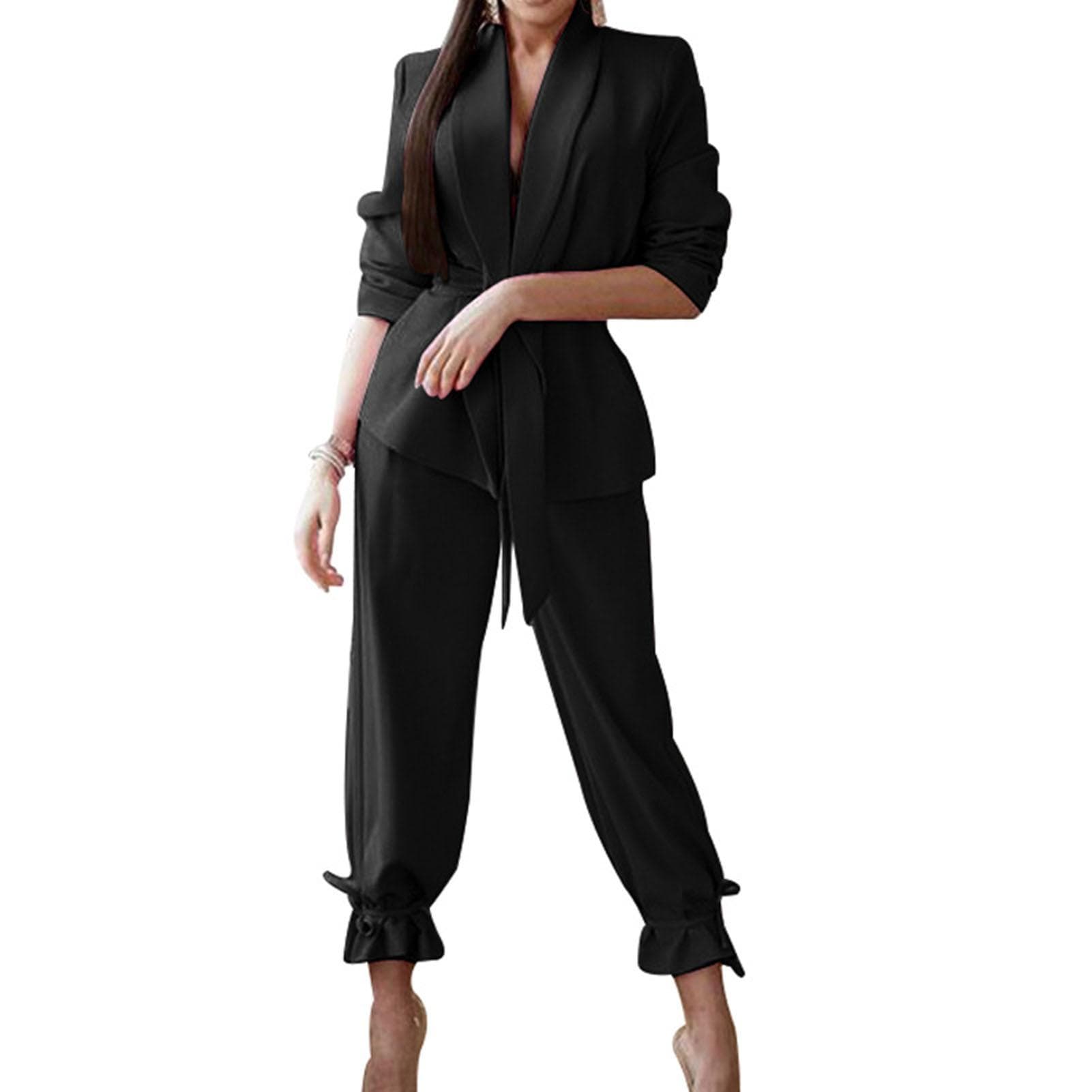 Women Suit Jacket Pants Set V Neck Slim Waist Bandage Pure Color Women Suit Outwear for Office XL black