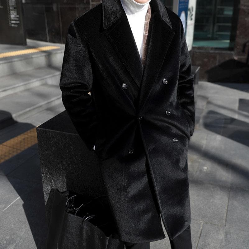 Stand-up Woolen Coat Men's Korean Style Trendy Winter Thickened Woolen Windbreaker Mid-length Loose Coat 2XL black