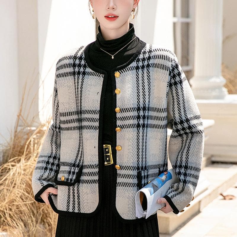 Fashion Plaid Short Coat Women's Winter New High-end Small Long-sleeved Top 2XL