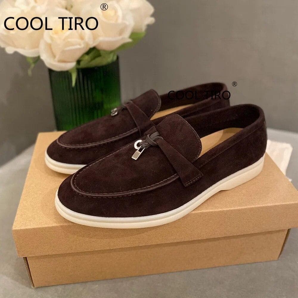 Woman Flat Shoes Slip On Women Loafers Leather Metal Lock Blue Suede Moccasins Mules Casual Driving Shoe Summer Walk Shoes Femme 39