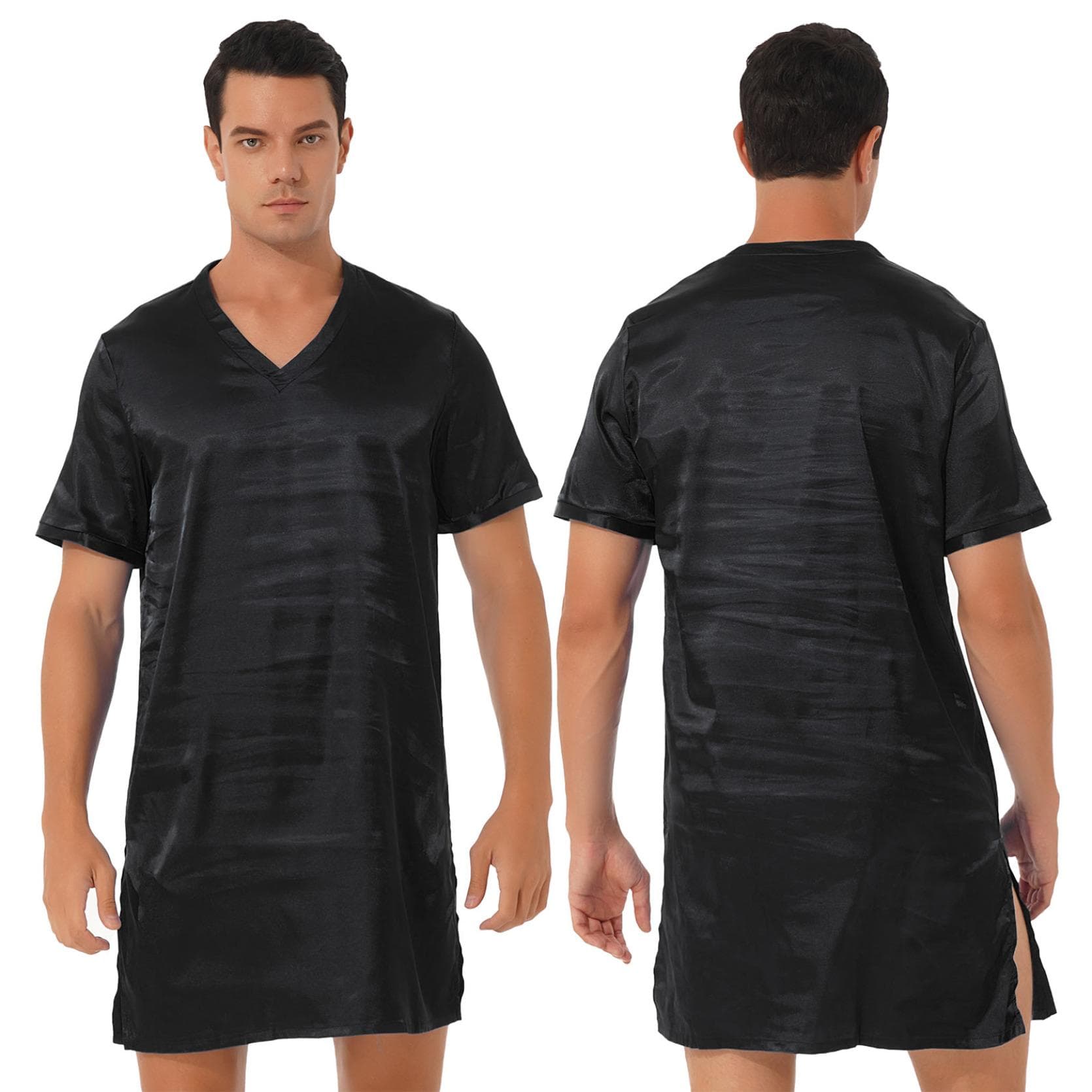 Sleepwear Mens Silk Satin Nightshirt Short Sleeve Pajamas Nightgown Night Shirts for Sleeping XXL