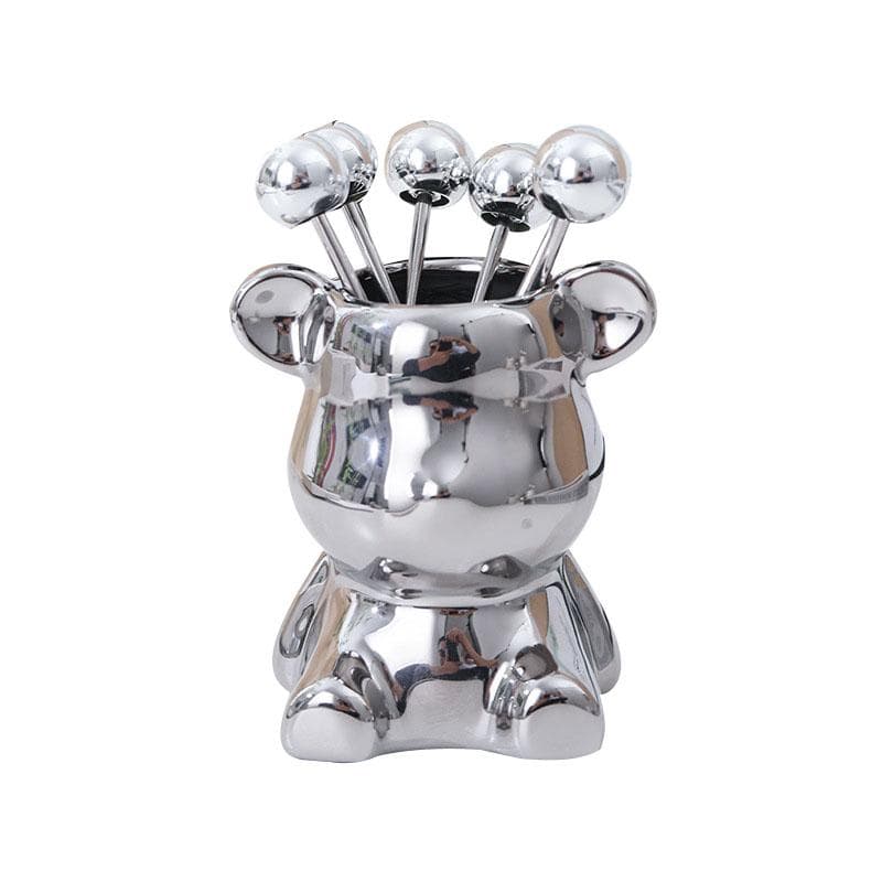 Fruit Fork Storage Jar Cute Animal Shape Ceramic Fork Holder Jar with 6 Stainless Steel Fruit Fork silver