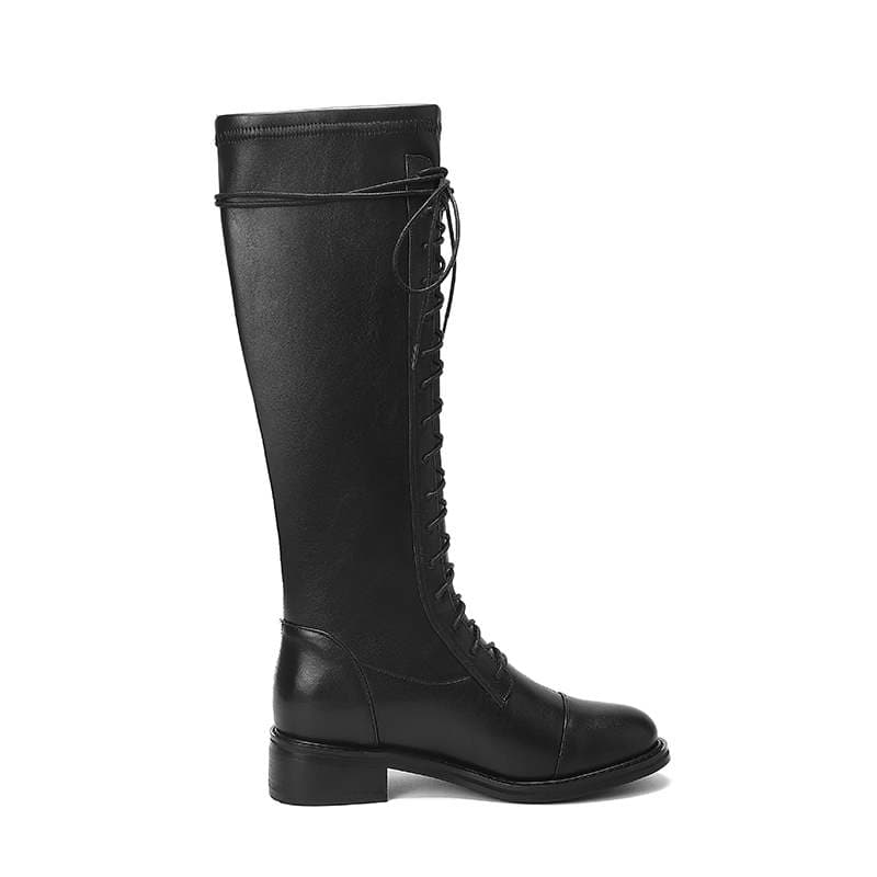 Krazing Pot Cow Leather Autumn Winter Shoes Thick Med Heels Big Size 45 Size 44 Leather Cross-tied Women Keep Warm Thigh High Boots 39 black