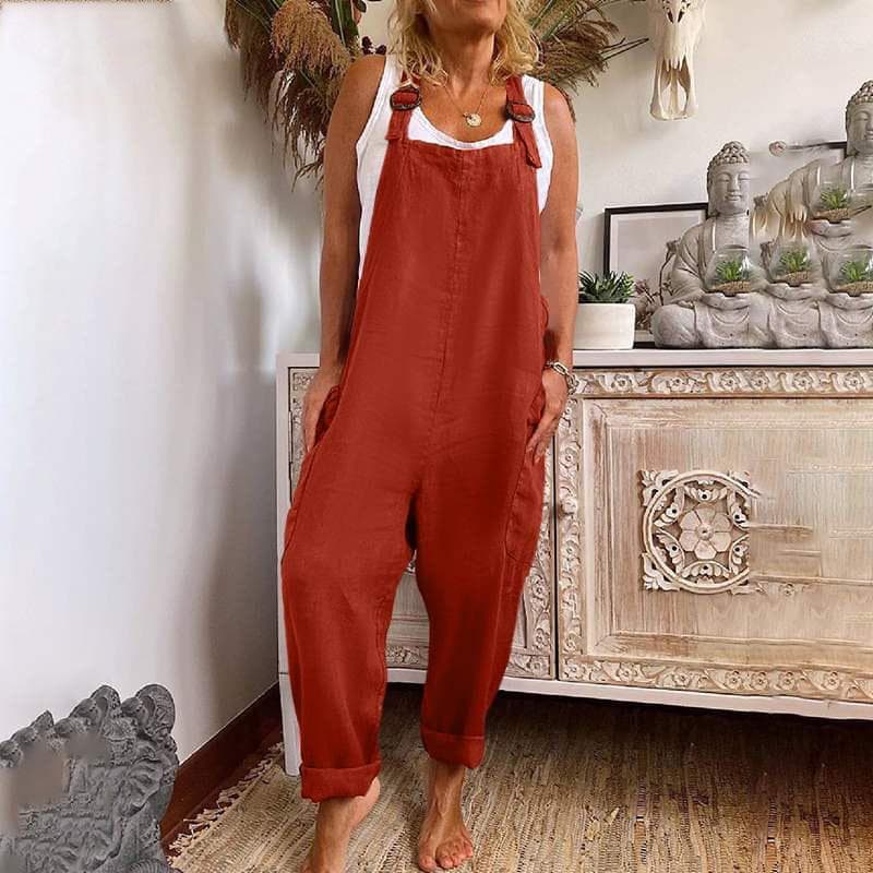 Women Wide Leg Overalls Adjustable Button Cotton Linen Workwear With Pockets XXL red