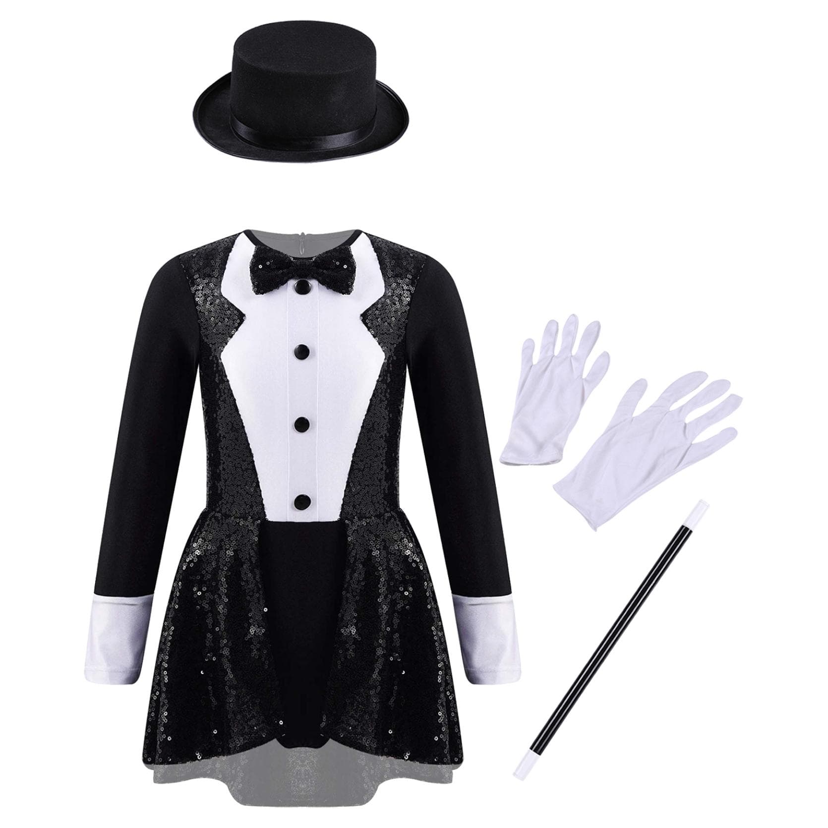 Kids Girls Magician Costume Set Long Sleeve Bow Tie Back Zipper Sequin Leotard with Hat Magic Wand Gloves for Halloween Cosplay Dress Up Performance 3-4 Years black
