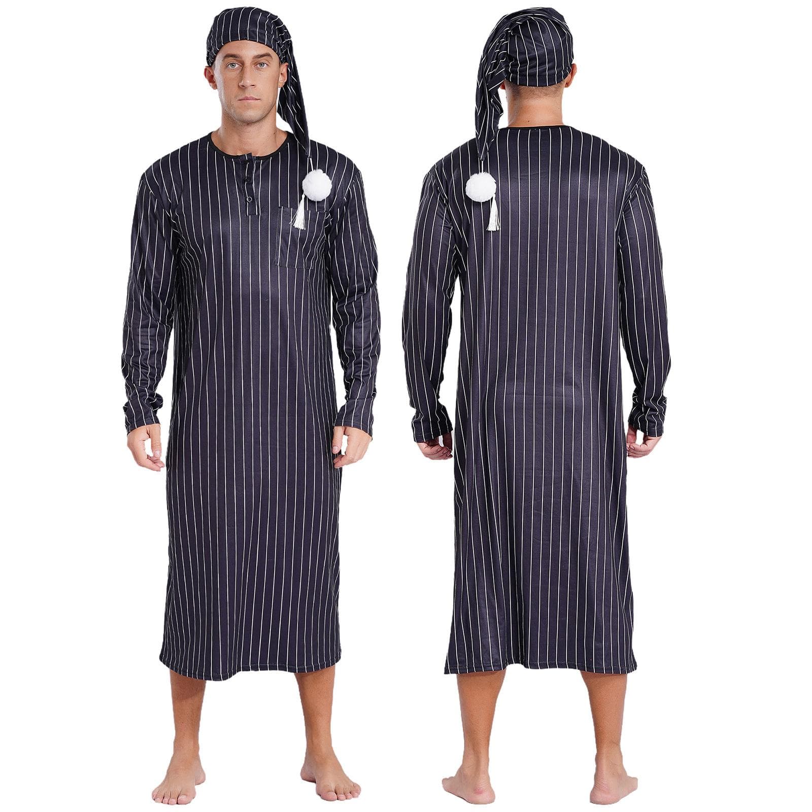 Men's Soft Loose Sleepwear Striped Long Sleeve Nightshirt with Sleeping Cap Pajama Set M black