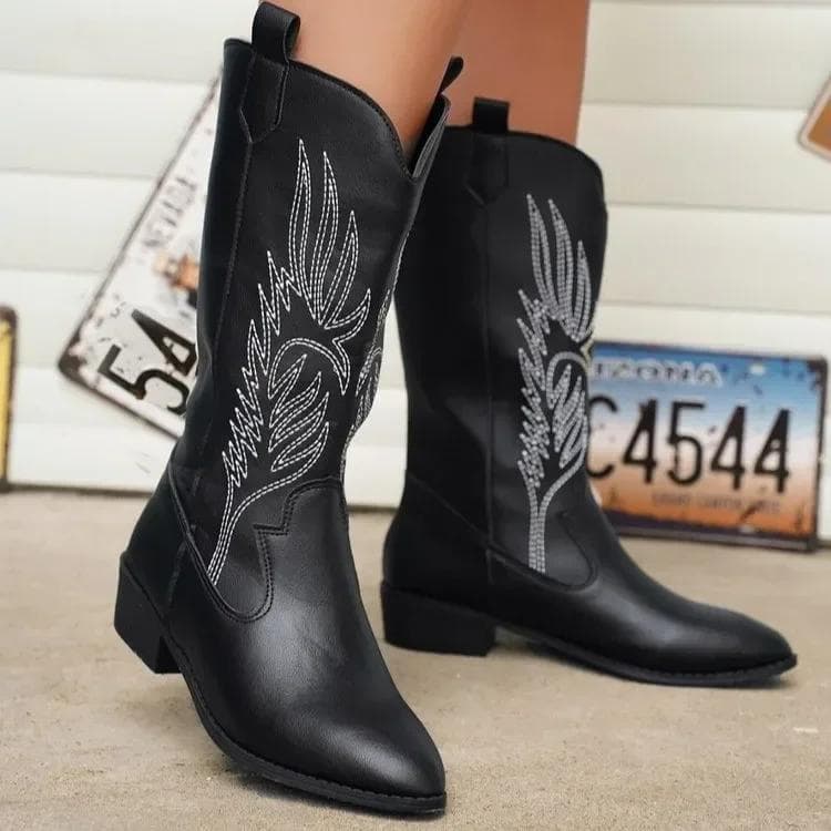 Fashion Women Fashion Slip on Knight Boots Ladies Autumn Winter Thick Sole Knight Boots Pointed Toe Square Heel Embroidered Cowboy Boots 42 black