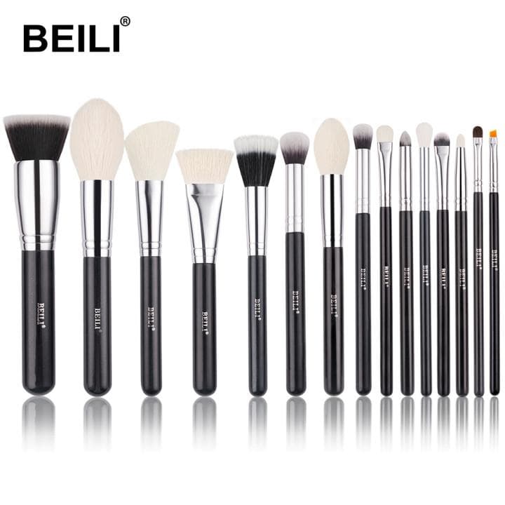 BEILI Makeup Brushes 15pcs Professional  Premium Synthetic Goat Hair Kabuki Foundation Blending Face Powder Blush Concealers Eye Shadows With Holder 15pcs black