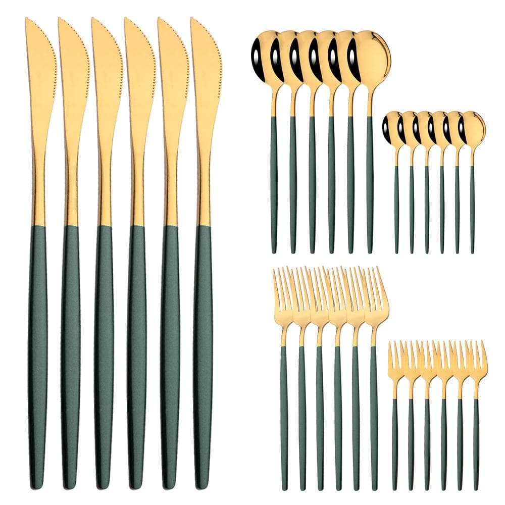 30Pcs Black Gold Cutlery Set Knife Cake Fork Spoon Dinnerware Set Flatware Stainless Steel Silverware Party Kitchen Tableware green/gold