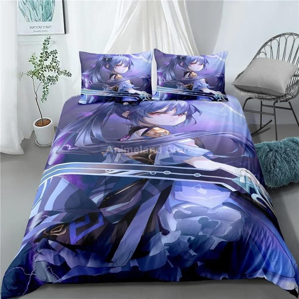 Keqing Bedding Set Genshin Impact Game 3d Print Bed Linen Quilt Soft Duvet Cover Sets Home Room Decor Queen King Size Purple 70x133cm 2pcs