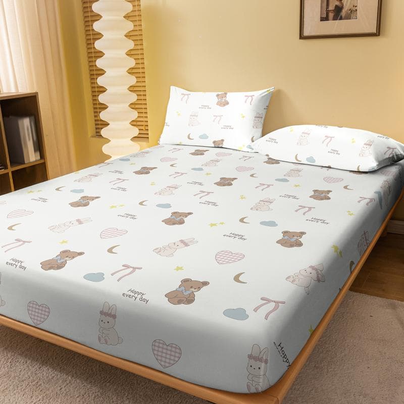 1 Cartoon Cute Animals Bear Rabbit Printed Matte Fitted Sheet, Bedroom Printed Bed Cover, Bedding (Excluding Pillowcases) 71x132cm