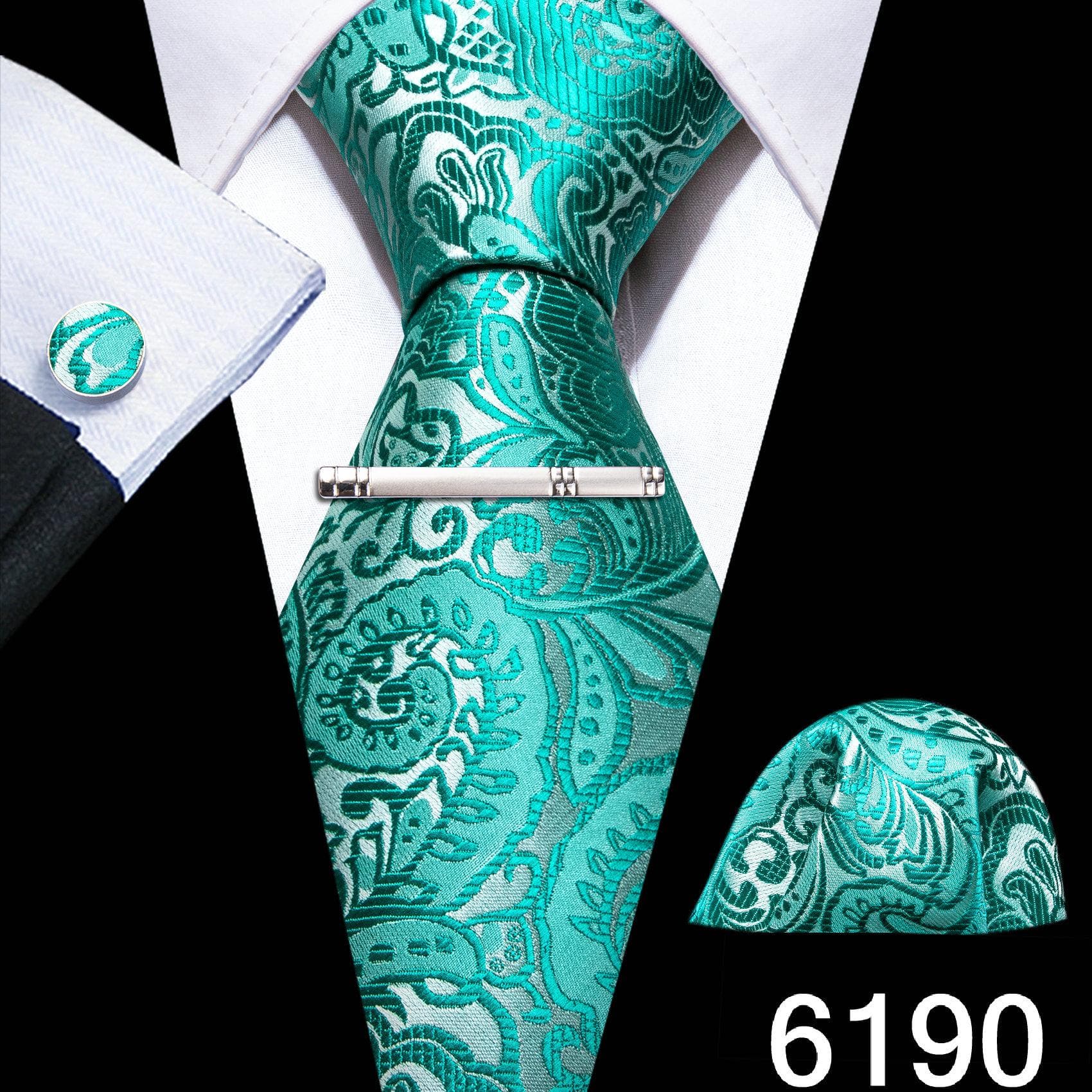 Barry.Wang Mens Green Blue Ties with Silver Tie Clip Wedding Silk Necktie Hanky Cufflinks Business Set N-6190