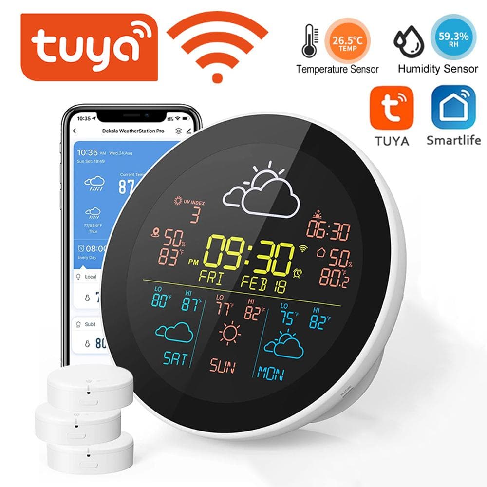 Tuya WiFi Intelligent Weather Clock 3-Day Weather Forecast Weather Station Wireless Thermometer 3pcs sub sensors multicolour