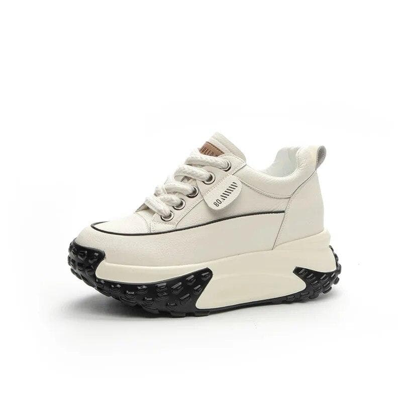 Fujin 7cm Genuine Leather Platform Wedge Fashion Women Spring Well-fitting Autumn Chunky Sneakers Shoes Breathable Mixed Color 34 beige
