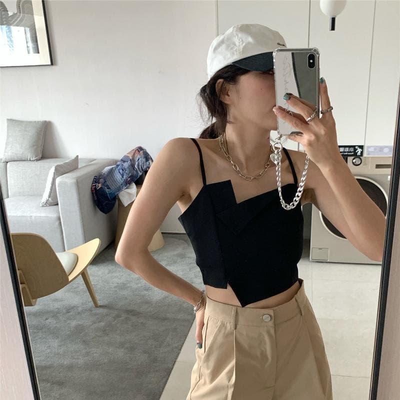 Women's Tops Niche Design Irregular Neckline Undershirt Short Thin Straps Outside Wear Inside The Tops XXL black