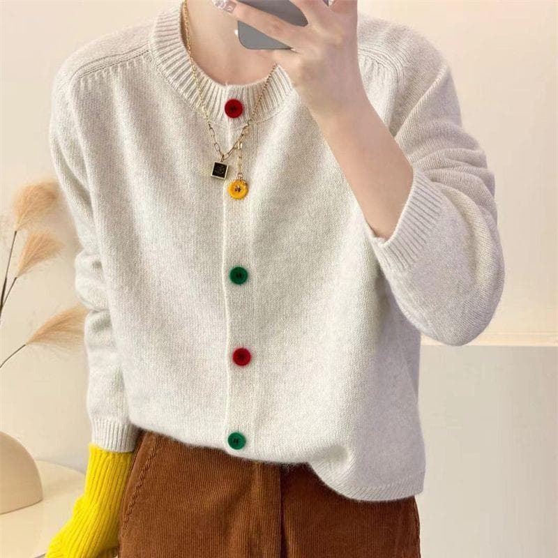 Japanese Sweet and Fresh Round Neck Colorful Button Knitwear Coat Academy Style Western Versatile Sweater Women's Cardigan One Size white