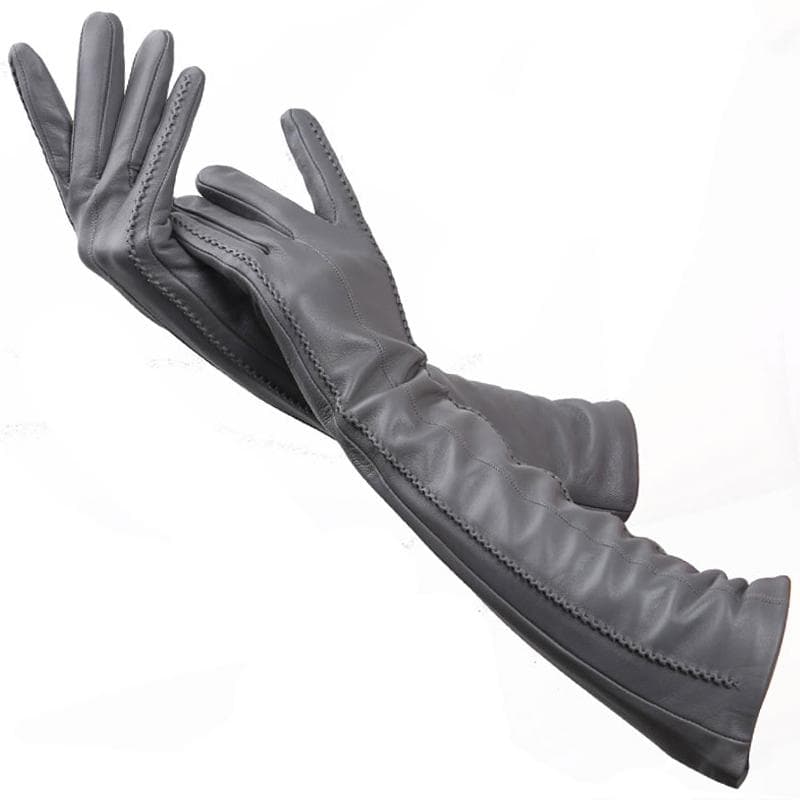 High Quality Ladies color Lambskin Leather Gloves length 47cm Winter Warm Fashion long gloves 8.5 dark grey