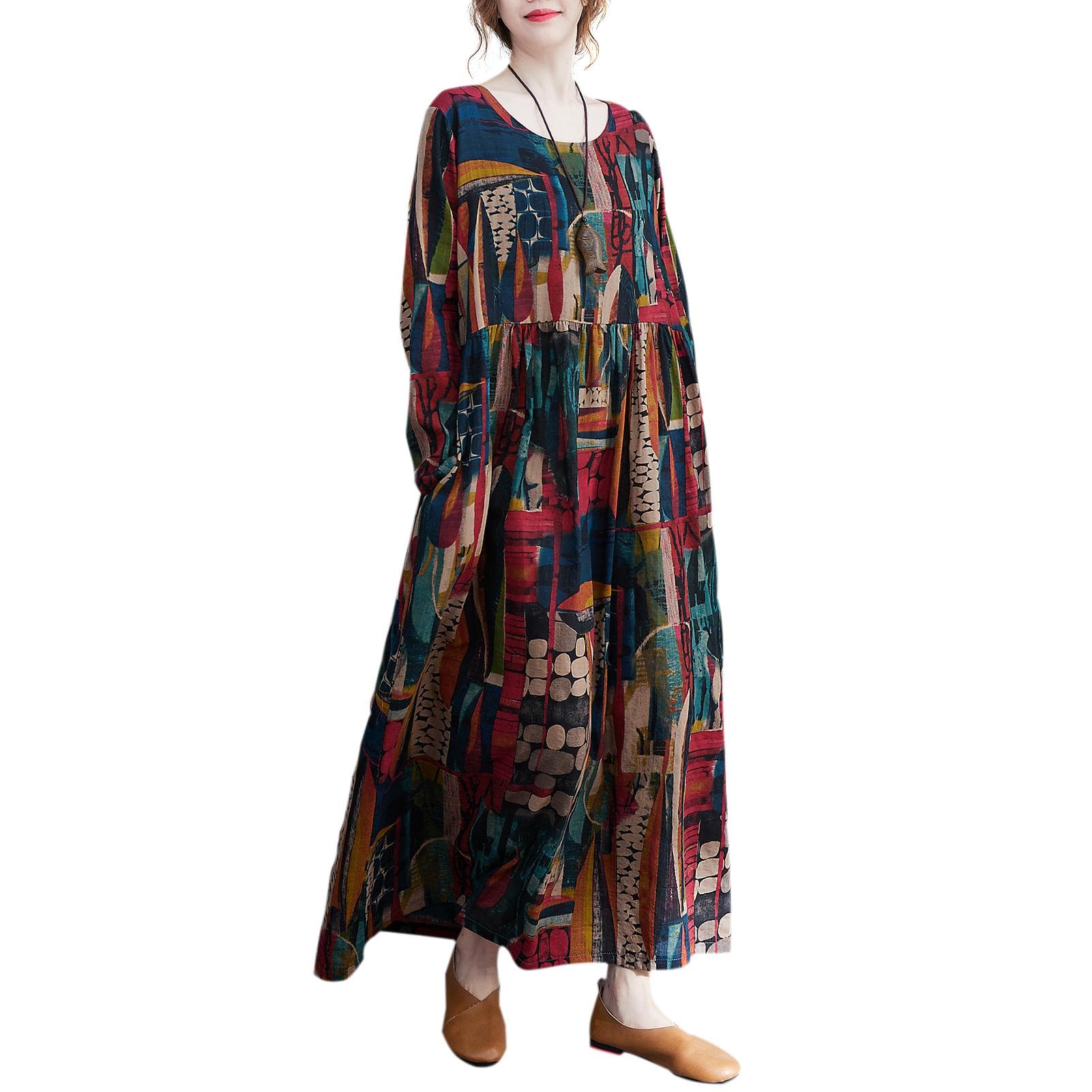 Women Loose Vintage Dress Print Pockets Long Sleeve O-Neck Dress M red