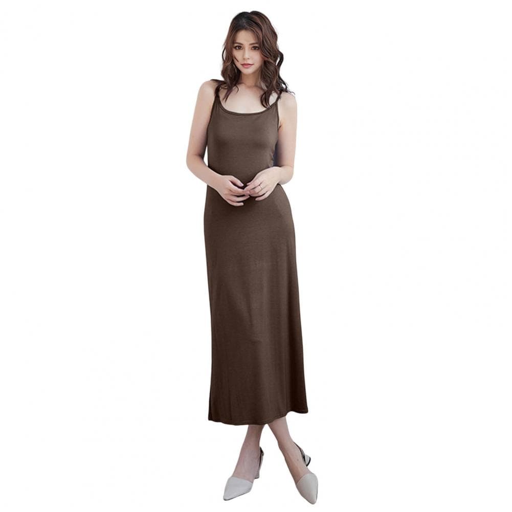 Women Bottoming Dress Round Neck Loose Solid Color Stretchy Backless Sleeveless Suspender Long Dress Home Daily Wear Bedroom Mid M coffee