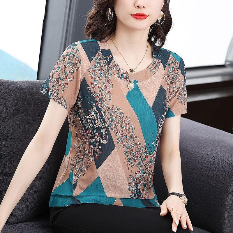 Middle-aged Dress Short Sleeve Loose Top Printed Summer Large Size Beautiful Half Sleeve Chiffon Shirt Female 4XL green