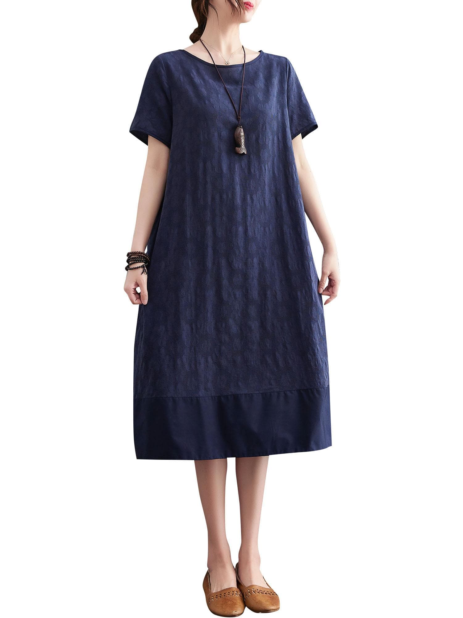 Women Loose Dress with Pockets Short Sleeves Holiday Casual Dress XXL dark blue