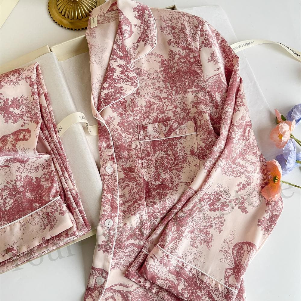 Red Print Pyjamas Set Long Sleeve Pyjamas Women's Loungewear Home Clothes Soft Rayon Pajamas 2Pcs Set Nightwear Women Loungewear XL red