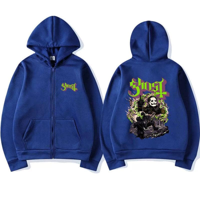 Ghost Band Zipper Hoodie Men Hip Hop Oversized Fashion Cartoon Anime Graphic Print Zip Up Hoodies Male Rock Gothic Sweatshirts M navy blue