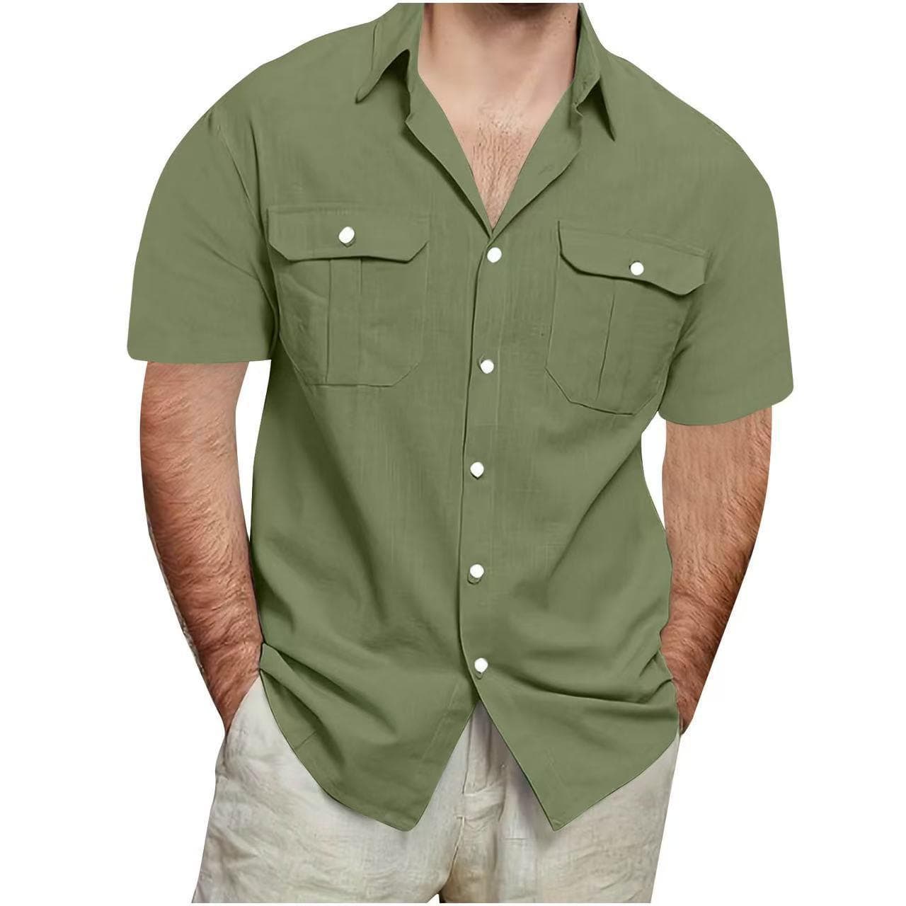 Summer Men's Short Sleeve Double Pocket Shirts Solid Color Loose Casual Shirt Men 2XL army green